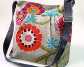 Mimosa Gray Diaper bag - Messenger  spring floral print with garnet red pink turquoise flower - 8 pockets