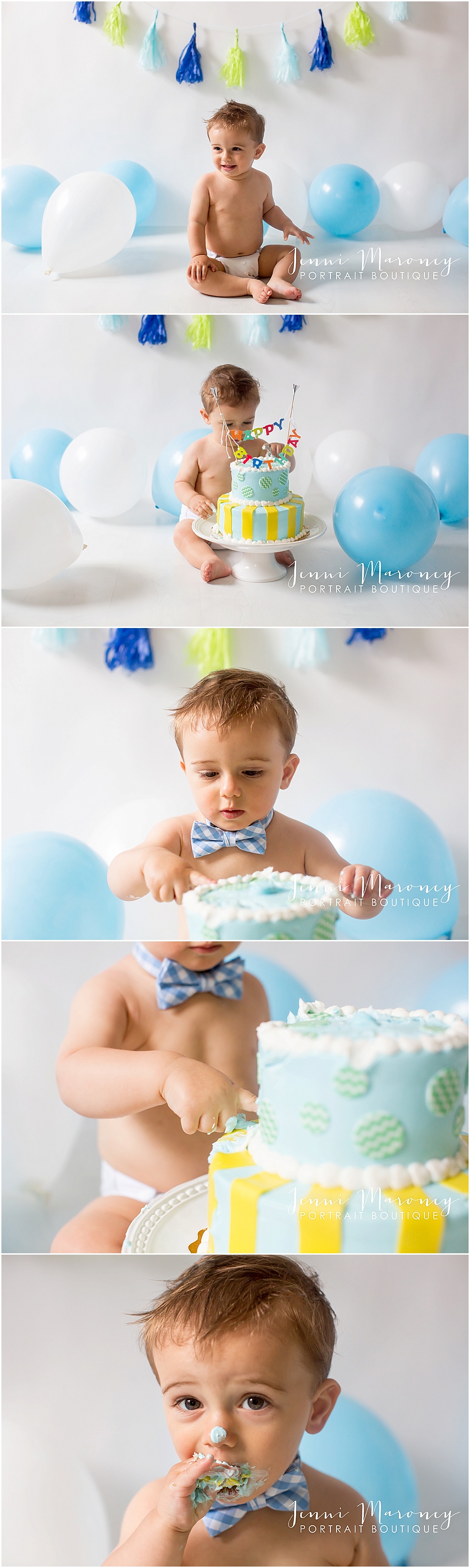 blue and white cake smash session for little boy with Denver newborn photographer Jenni Maroney