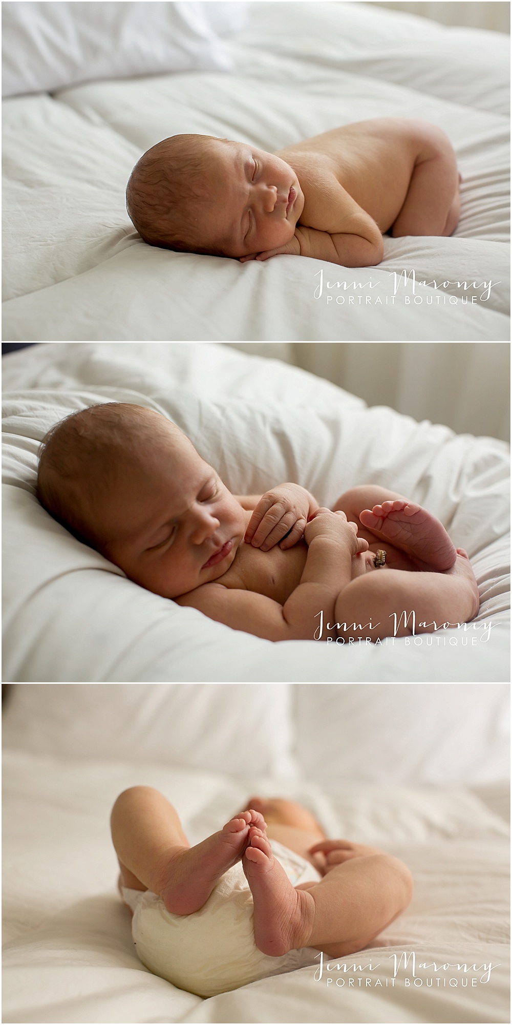 In-studio newborn photography session with baby girl and big sister on bed