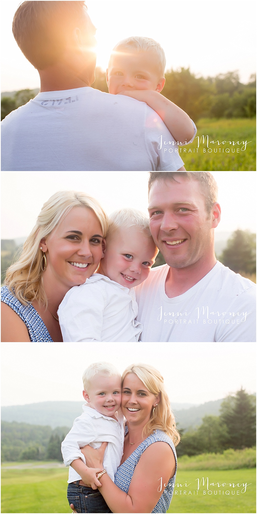 outdoor family photos at sunset on golf course