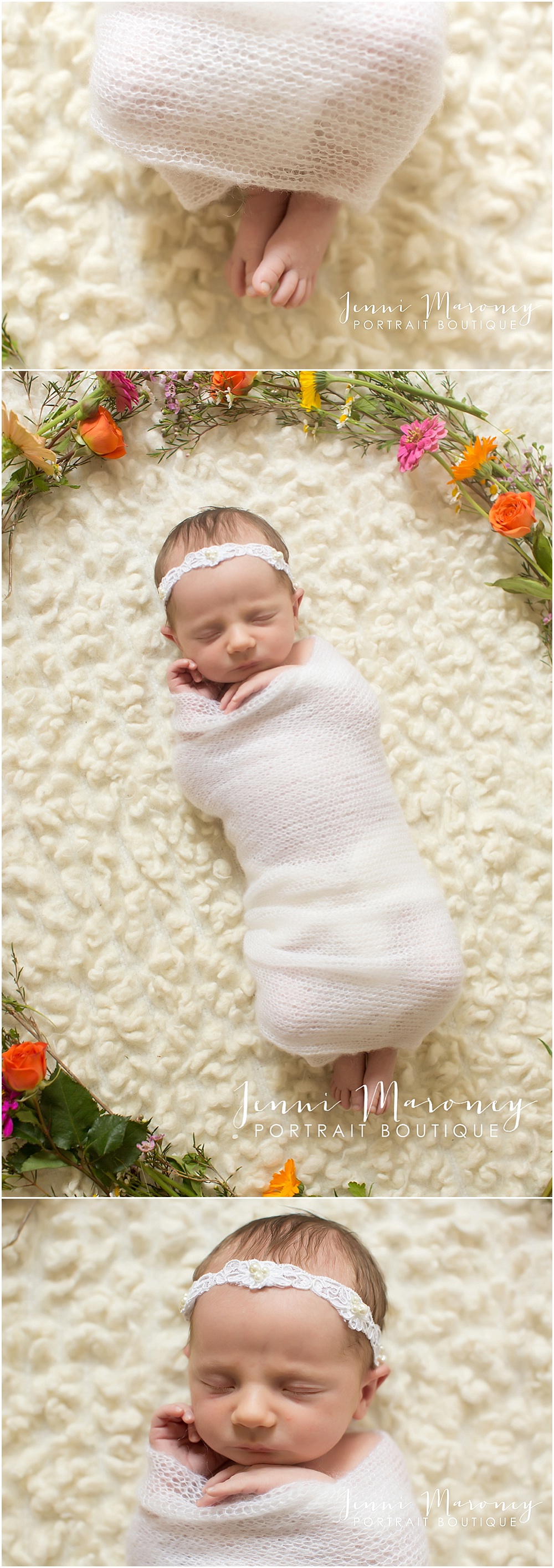 Sweet newborn baby girl in-studio for her Boulder newborn photography session. Flower wreath around newborn baby.