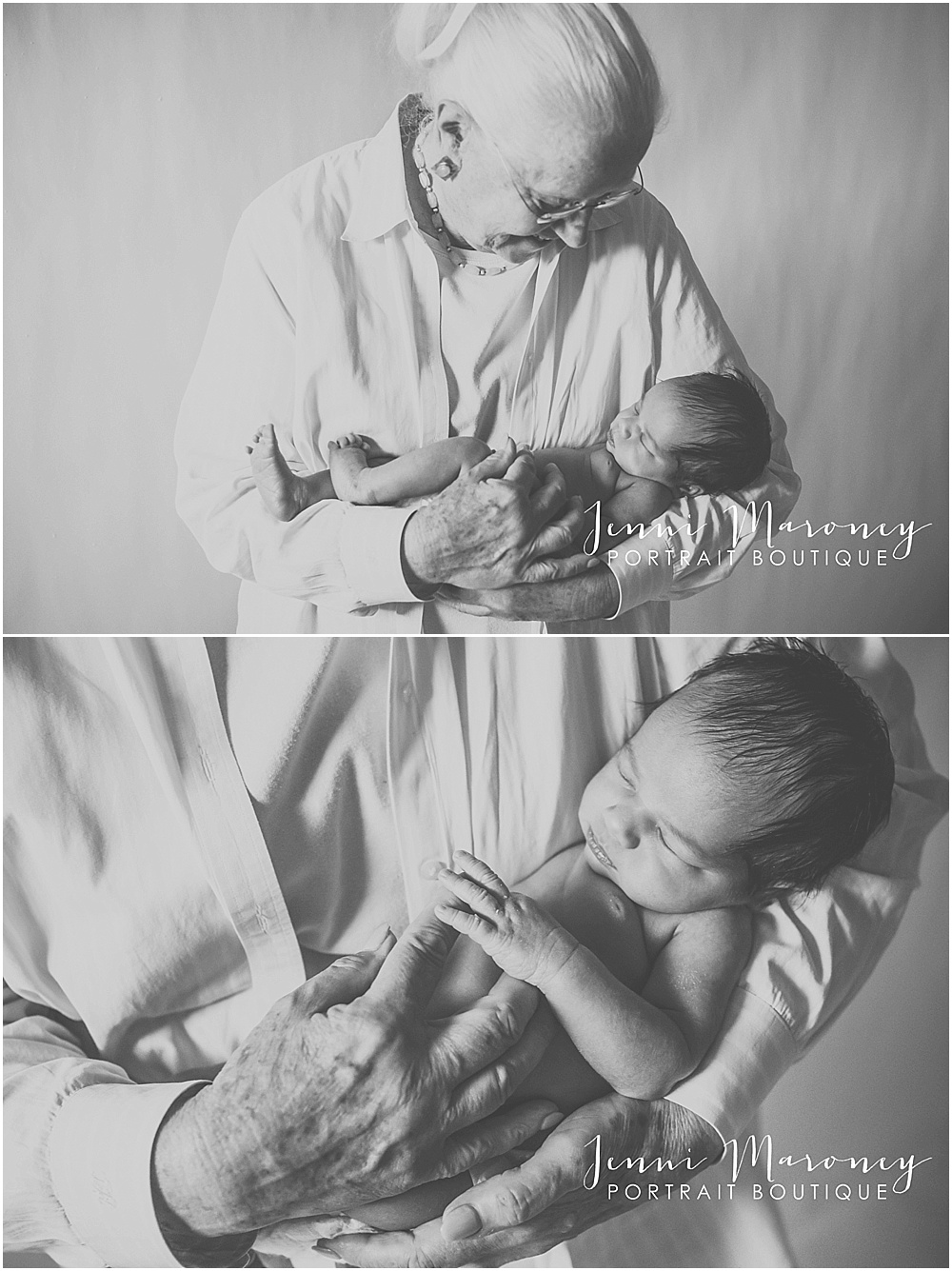 Grandma holds newborn baby granddaughter for newborn photography session with Boulder baby photographer, Jenni Maroney.