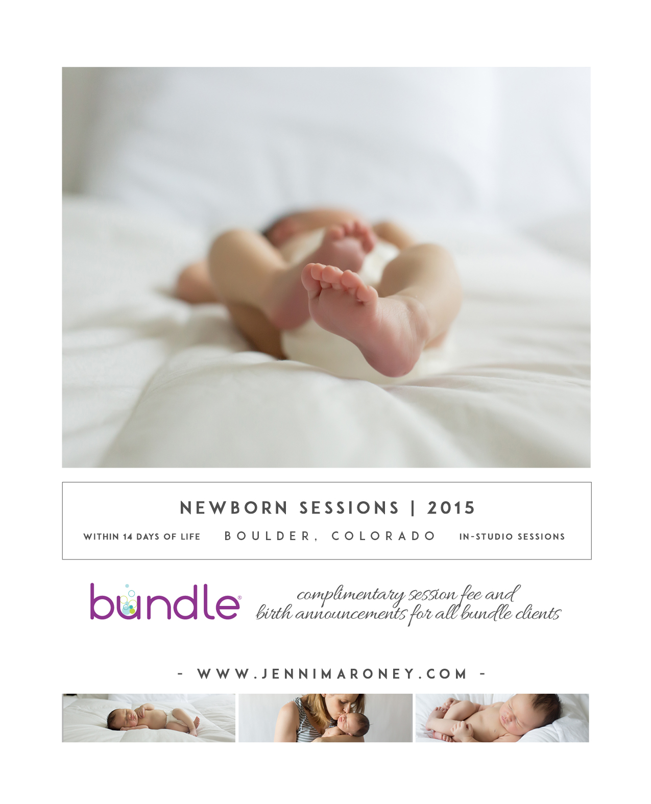 Denver newborn photographer, Jenni Maroney partners with bundle diaper service in boulder to offer complimentary session fees and birth announcements during the month of October.