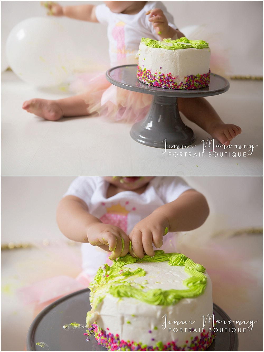 Denver Cake smash photographer, Jenni Maroney features in-studio baby girl 1st birthday cake smash session.