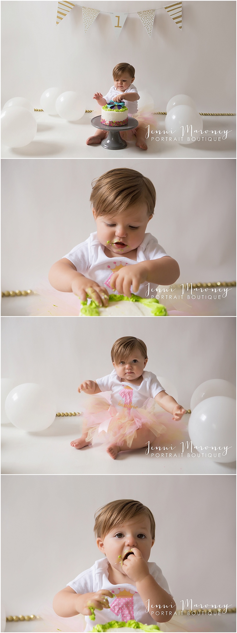 Boulder Cake smash photographer, Jenni Maroney features in-studio baby girl 1st birthday cake smash session.