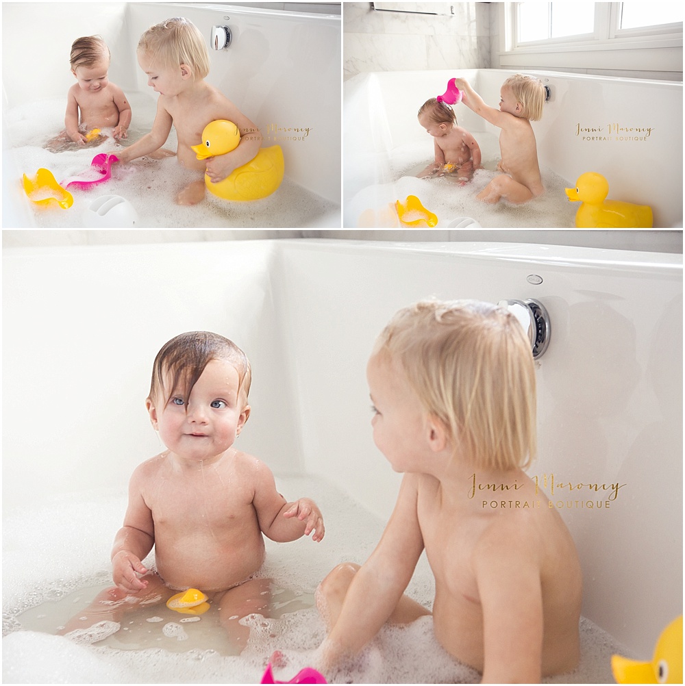 Boulder family photographer and Boulder baby photographer, Jenni Maroney, captures an adorable in-home lifestyle bathtub photography session.