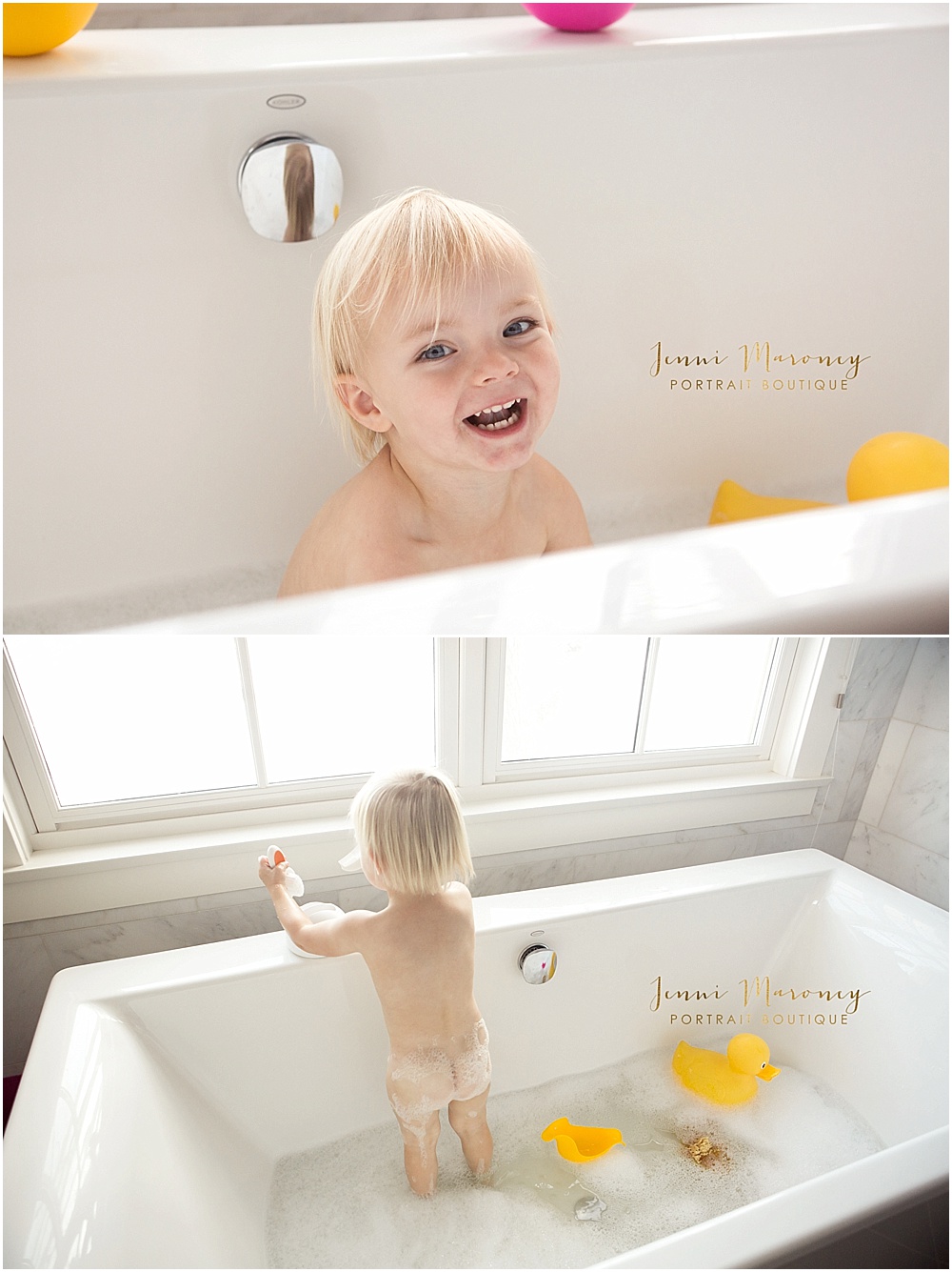 Boulder family photographer and Boulder baby photographer, Jenni Maroney, captures an adorable in-home lifestyle bathtub photography session. 