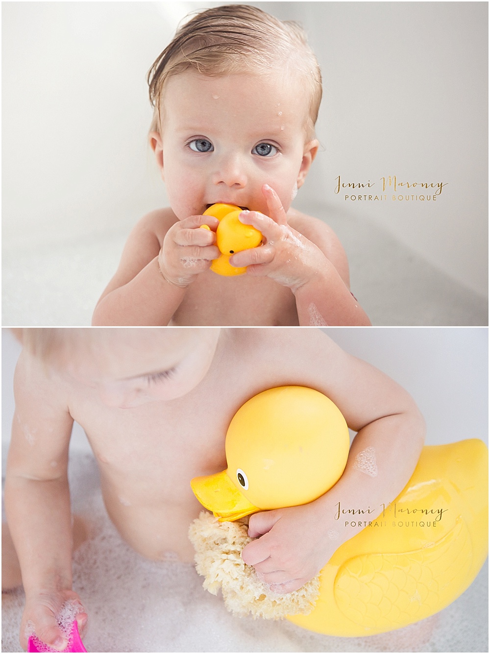 Boulder family photographer and Boulder baby photographer, Jenni Maroney, captures an adorable in-home lifestyle bathtub photography session. 