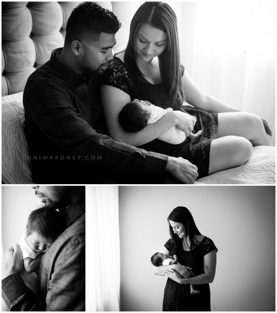 simple newborn sessions with Boulder newborn photographer, Jenni Maroney. Shows black and white images of family and baby, mom and baby, dad and newborn.
