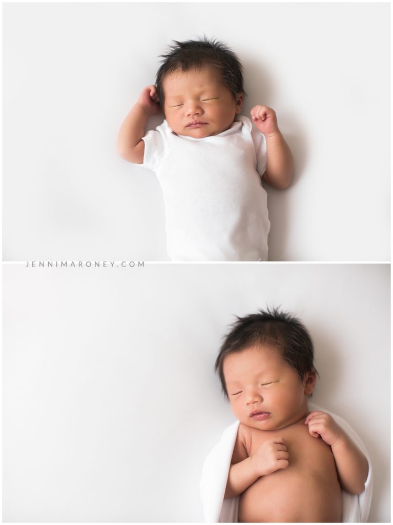 simple newborn sessions with Boulder newborn photographer Jenni Maroney, shares newborn in white onesie, unposed newborn photos.