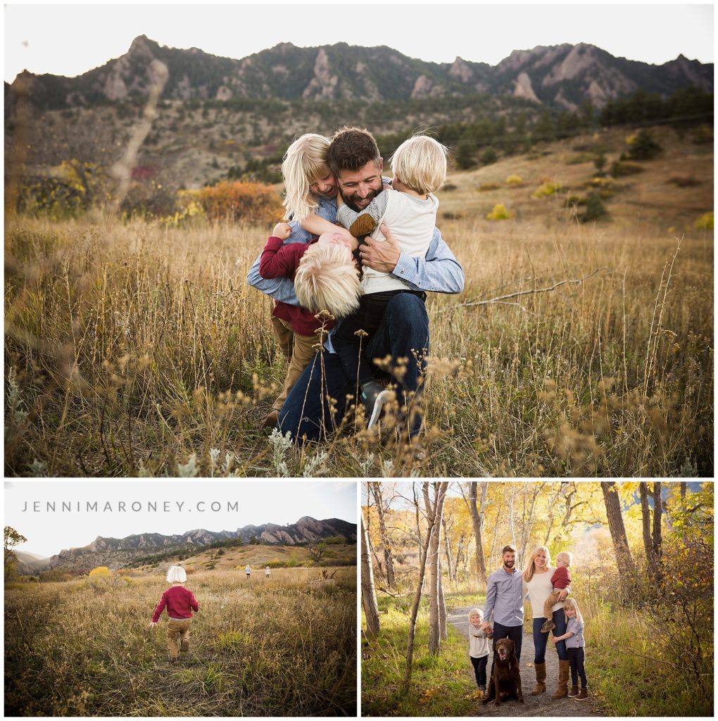 Boulder Mountain Family Photographer. Dad and kids photo in front of South Mesa Flatirons, Boulder Colorado from Boulder family photographer, Jenni Maroney.