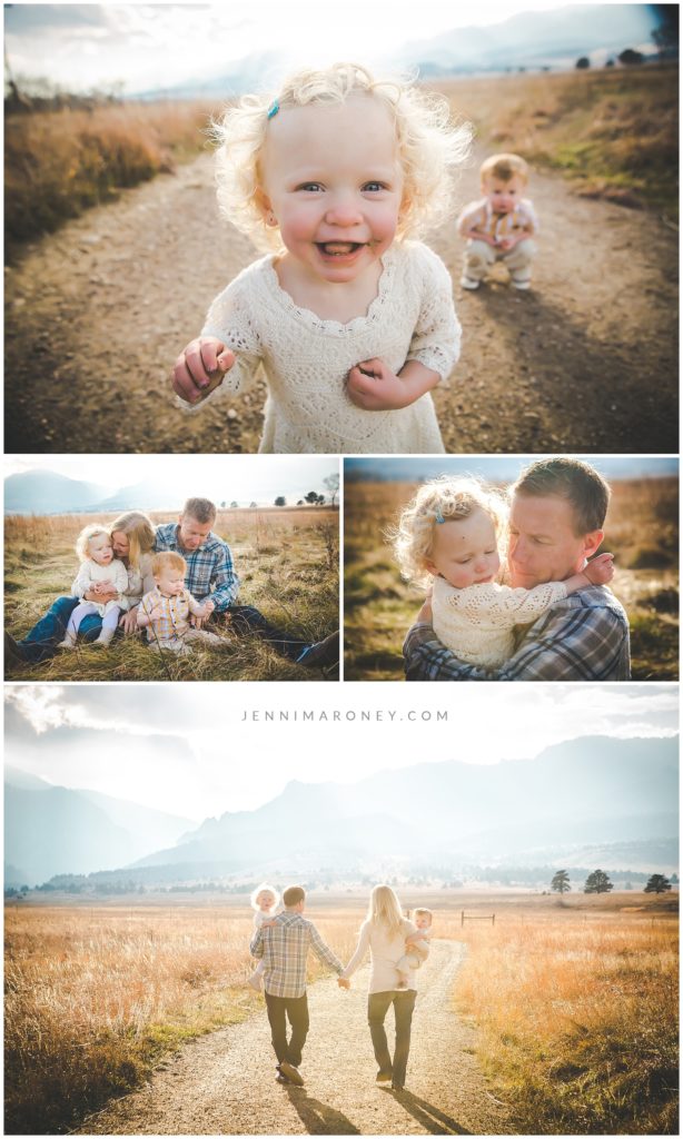 Boulder family photographer, Jenni Maroney captures an all natural family photography session with twin 18 month old kids in front of the mountains.