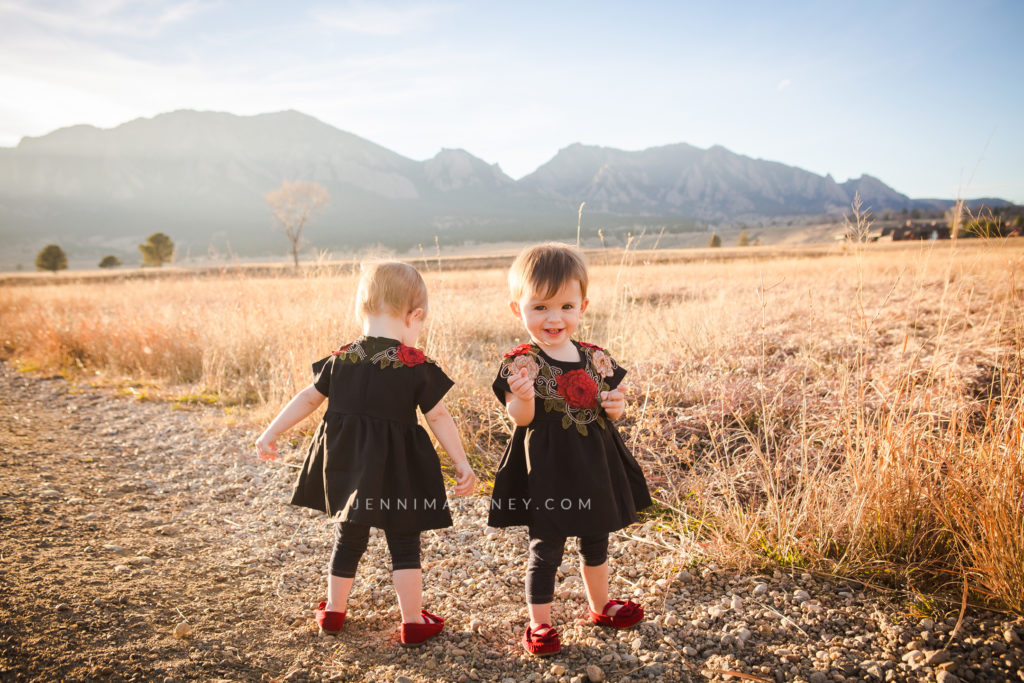 Outdoor Boulder family photo with toddler twin girls with Mountains by Boulder family photographer, Jenni Maroney.